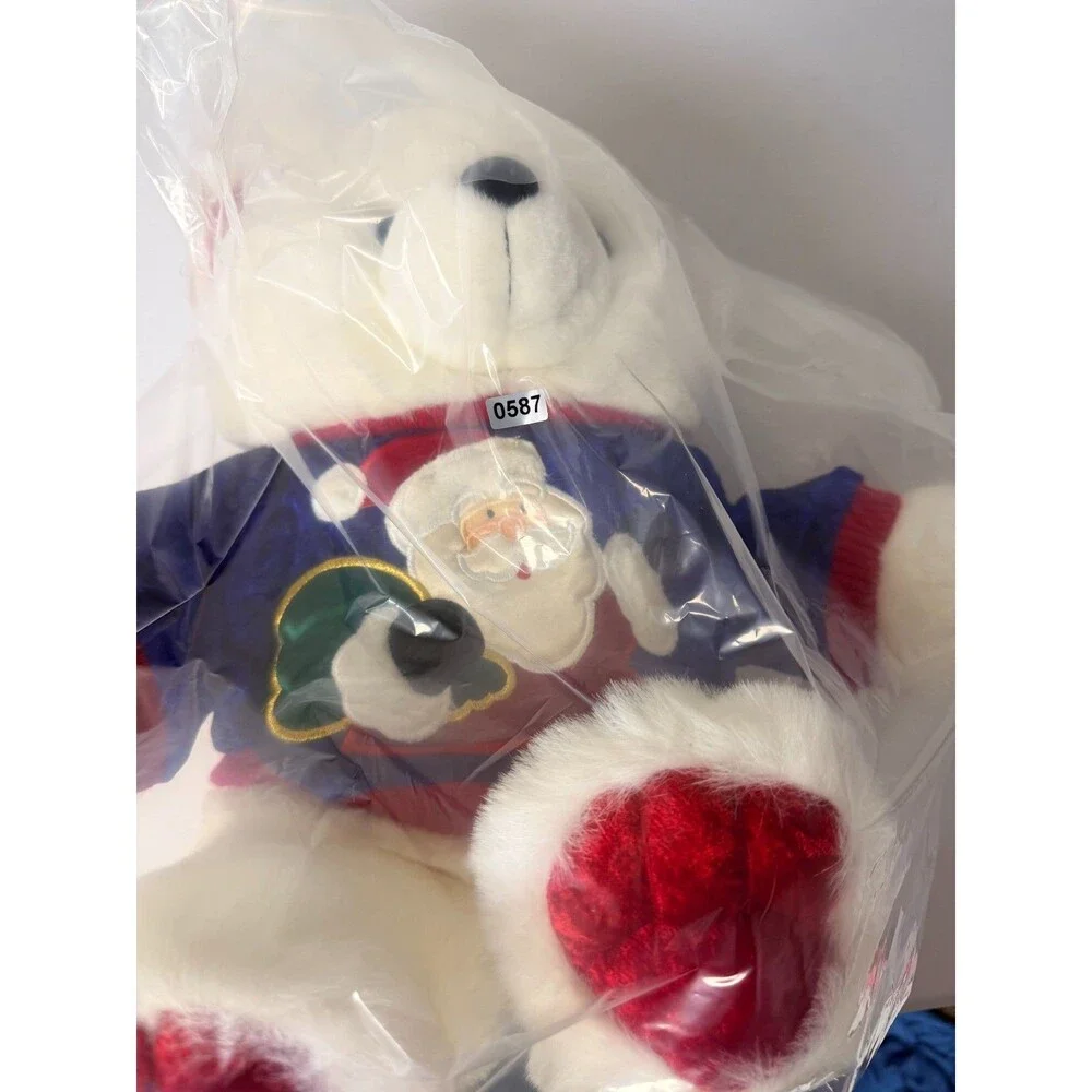 Vintage 1999 Christmas Teddy Bear White Plush Santa Sweater 14in